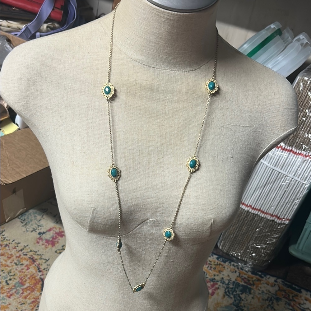 Gold tone long‎ necklace with jade/turquoise  cameo style pendants Necklace